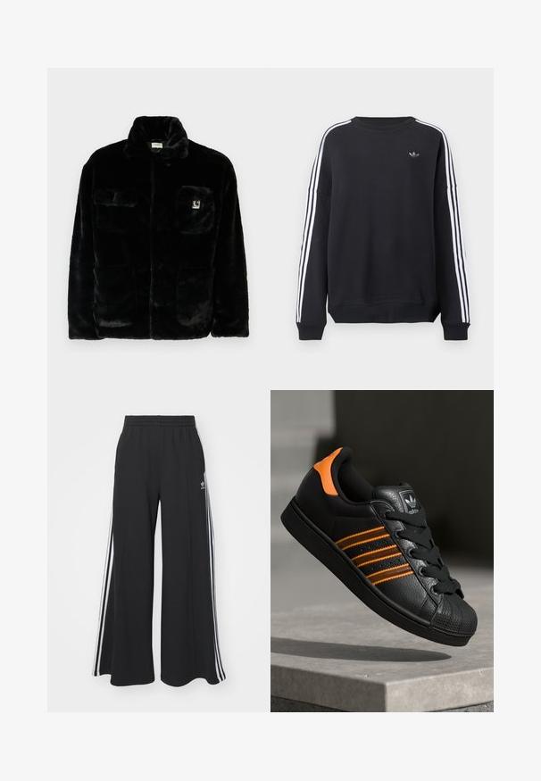Veste en fausse fourrure noire avec un col, deux poches avant et un petit patch logo sur le côté supérieur gauche. Texture douce et coupe décontractée.; Sweatshirt noir à manches longues, avec des bandes blanches courant le long de chaque bras, et un petit logo gris sur la poitrine. Matière en coton, coupe décontractée.; Pantalons de survêtement larges noirs avec une taille élastique, présentant des rayures blanches sur les côtés et un logo brodé sur la cuisse gauche.; Baskets noires avec des accents orange, trois bandes horizontales, tige en cuir texturé, protection en caoutchouc à l'avant et lacets noirs.