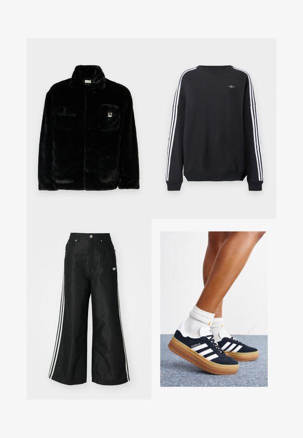 Černá bunda z umělé kožešiny s límcem, dvěma předními kapsami a malou nášivkou s logem na levém horním rohu. Měkká textura a volný střih.; Černá mikina s dlouhými rukávy, bílými pruhy po celé délce každého rukávu a malým šedým logem na hrudi. Vyrobená z bavlněného materiálu, volný střih.; Černé široké džíny s třemi bílými pruhy po stranách a malým bílým logem. Obsahují přední kapsy a zapínání na knoflík.; Černé semišové tenisky s bílými pruhy a detaily, zaoblenou špičkou, podrážkou z gumy barvy žvýkačky, doplněné bílými žebrovanými ponožkami ke kotníkům.