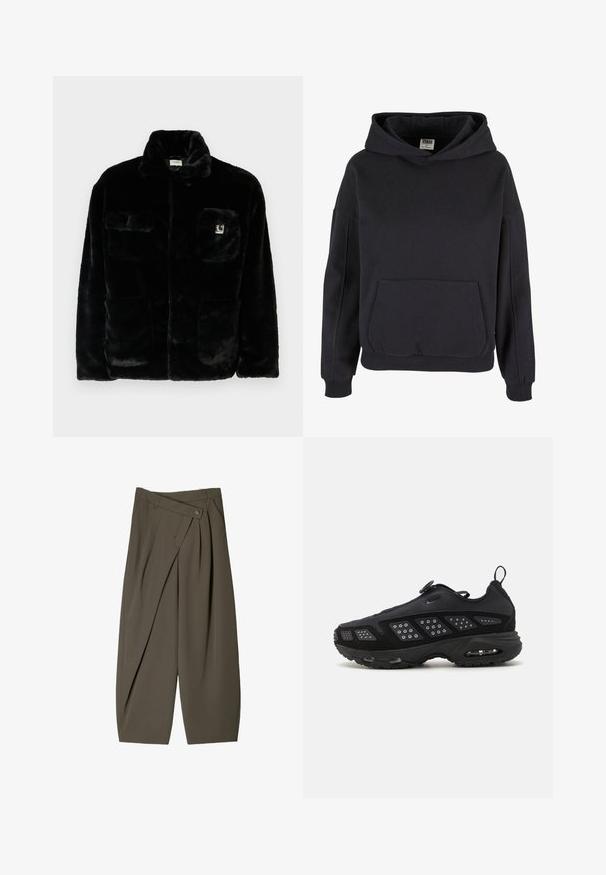 Čierna umelá kožušinová bunda s golierom, dvoma prednými vreckami a malou nášivkou na hornej ľavej strane. Mäkká textúra a uvoľnený strih.; Čierna bavlnená mikina s priestrannou klokankou, veľkou kapucňou, ribbenými manžetami a lemom. Jednoduchý, cez hlavu navliekací dizajn bez viditeľných vzorov.; Široké nohavice z tmavozelenej látky s plisovaným predným dizajnom, gombíkovým zapínaním a lesklým, textúrovaným povrchom.; Čierne atletické topánky s tlmiacou stielkou, sieťovinovým zvrškom a štruktúrovanými akcentmi. Obsahuje pútko a kruhový uzáver na vrchu.
