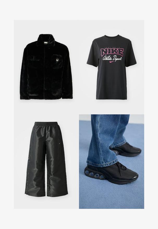 Black faux fur jacket with a collar, two front pockets, and a small logo patch on the upper left side. Soft texture and relaxed fit.; Black cotton T-shirt featuring a graphic print in pink and white with the text "JUST DO IT," "NIKE," and "Athletic Depart." Standard fit.; Black athletic pants with a shiny, smooth fabric, featuring an elastic waistband, wide legs, and a small logo on the left side.; Black athletic sneakers with mesh upper, textured accents, and visible air cushioning pods in the sole. Worn with blue denim jeans.