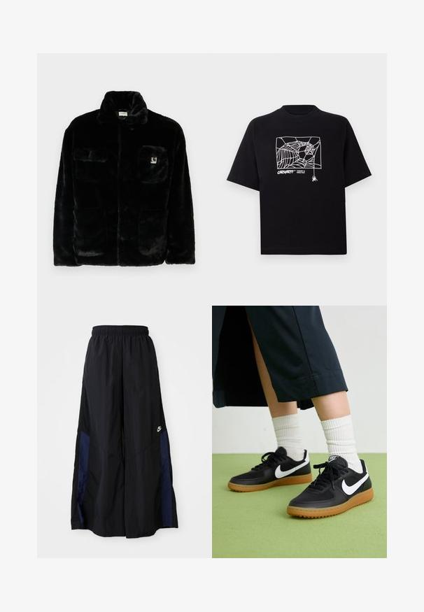 Zwarte nepbont jas met een kraag, twee voorzakken en een klein logo-opdruk op de bovenste linkerzijde. Zachte textuur en een ontspannen fit.; Zwarte T-shirt van katoen met korte mouwen. Voorzien van een witte spinnenwebgrafiek en logo op de voorkant. Eenvoudige ronde halslijn.; Zwarte wijdlopende broek van lichtgewicht stof, met een marineblauwe zijpaneel en een elastische tailleband. Klein wit logo onderaan.; Zwarte leren en synthetische sneakers met witte Nike swoosh, rubberen gumzool, ronde neus en zwarte veters. Geribbelde witte sokken zichtbaar.