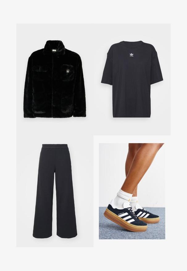 Black faux fur jacket with a collar, two front pockets, and a small logo patch on the upper left side. Soft texture and relaxed fit.; Black cotton t-shirt with short sleeves, round neckline, features a white Adidas logo on the chest. Simple design, relaxed fit.; Black wide-leg sweatpants made from soft fabric, featuring an elastic waistband and a small logo on the left side.; Black suede sneakers with white stripes and accents, rounded toe, gum rubber outsole, paired with white ribbed crew socks.