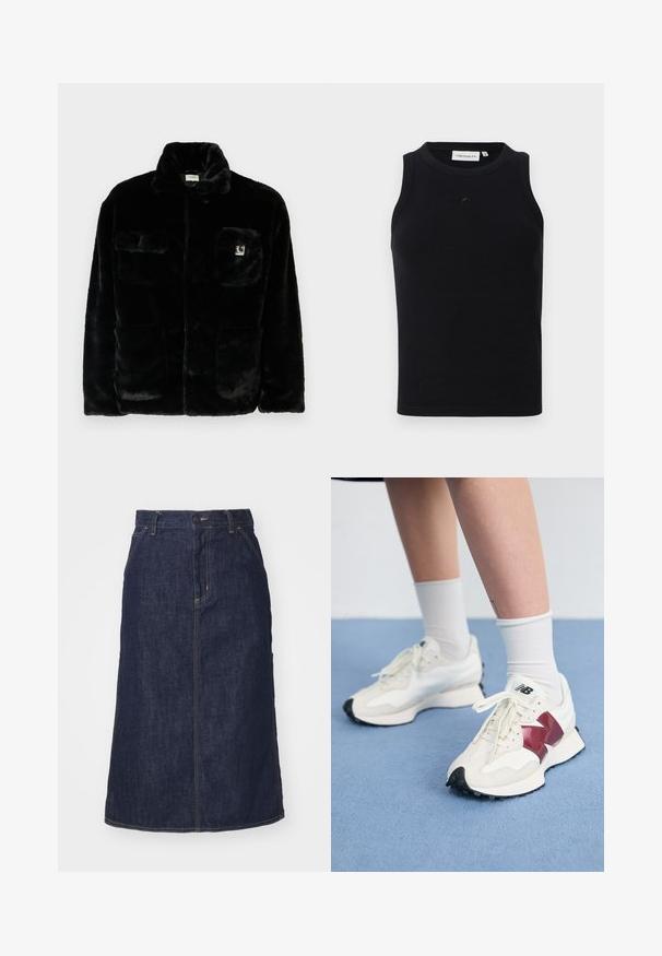 Schwarze Kunstpelzjacke mit Kragen, zwei Fronttaschen und einem kleinen Logo-Patch auf der oberen linken Seite. Weicher Stoff und lässige Passform.; Schwarzes, ärmelloses Tanktop aus geripptem Stoff, mit rundem Halsausschnitt und kleinem Logo auf der Vorderseite. Einfaches, figurschmeichelndes Design.; Dunkelblaue Jeansrock mit hoher Taille, geradem Schnitt, aufgesetzten Taschen und genähten Nähten. Mit einem Reißverschluss und einem Knopfverschluss an der Taille.; Ein Paar weiße Sneakers mit kastanienbraunen Akzenten, strukturierten Paneelen, flacher schwarzer Außensohle und hellen Schnürsenkeln, getragen mit weißen Knöchelsocken.