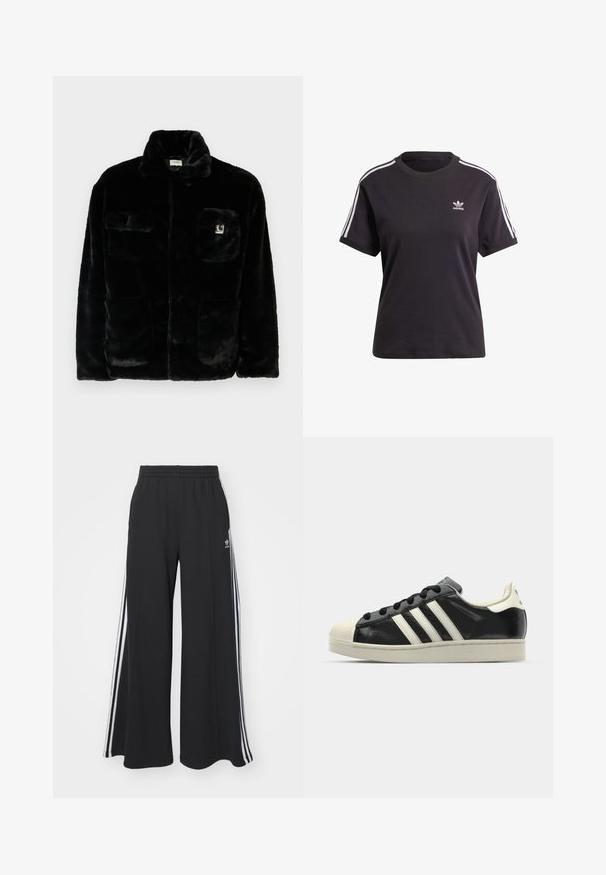Czarna kurtka z futra syntetycznego z kołnierzem, dwoma przednimi kieszeniami i małą naszywką z logo na górze po lewej stronie. Miękka tekstura i luźny krój.; Czarny bawełniany t-shirt z krótkim rękawem i okrągłym dekoltem, z białymi paskami na ramionach oraz małym białym logo Adidasa na piersi.; Czarne szerokie spodnie dresowe z elastycznym pasem, z białymi paskami po bokach i haftowanym logo na lewej udzie.; Czarne skórzane trampki z białymi paskami, gumowym czubkiem, czarnymi sznurówkami i kremową podeszwą. Gładka faktura z połyskującym wykończeniem.