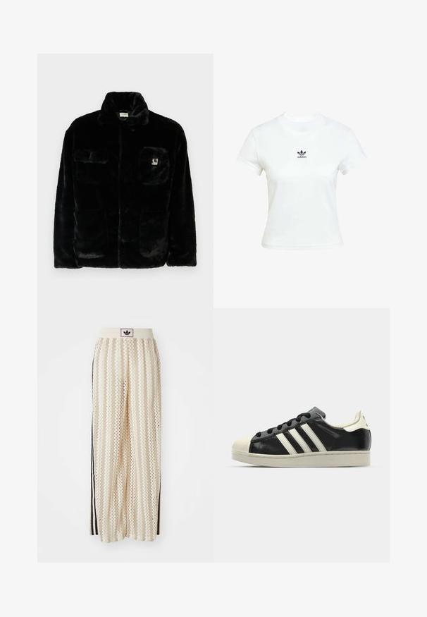 Chaqueta de pelaje sintético negro con un collar, dos bolsillos frontales y un pequeño parche con logo en la parte superior izquierda. Textura suave y ajuste relajado.; Camiseta blanca de algodón con mangas cortas y cuello redondo. Presenta un logo negro de Adidas impreso en el pecho. Diseño simple y minimalista.; Pantalones de pierna ancha en color crema con un patrón en zigzag, que cuentan con una cinturilla con logo negro y franjas negras en los laterales. Tejido ligero y texturizado.; Zapatilla de cuero negro con rayas blancas, puntera de goma, cordones negros y suela color crema. Textura suave con acabado brillante.