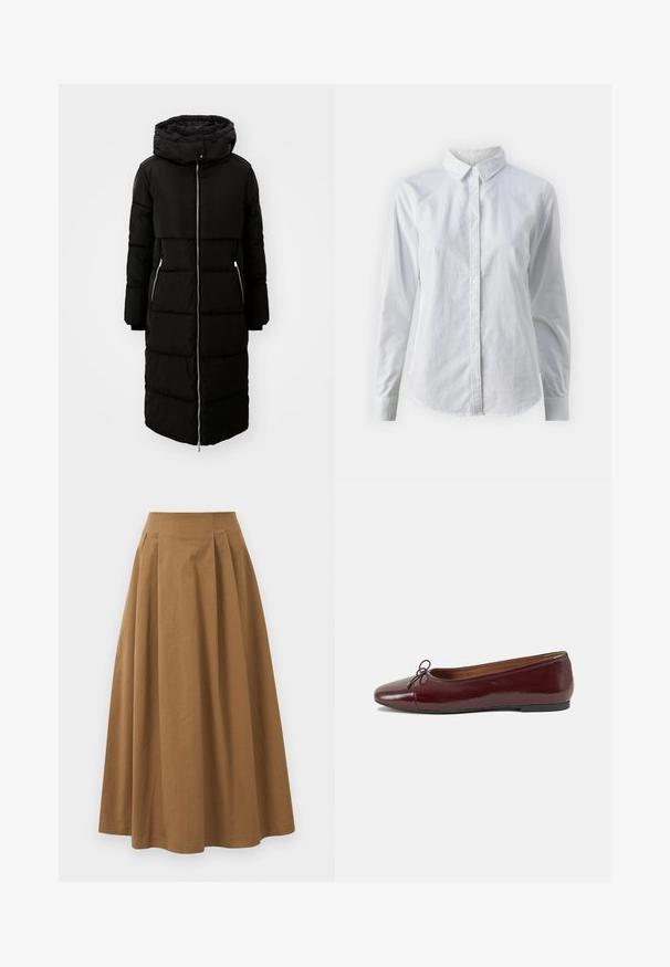 Černá péřová bunda s kapucí, délka po kolena, se zapínáním na zip, dvěma bočními kapsami a prošívanou strukturou. Obsahuje nastavitelnou šňůrku v kapuci.; Bílá košile na knoflíky vyrobená z hladké bavlny, s klasickým límcem, dlouhými rukávy a zakřiveným spodním lemem. Knoflíky jsou malé a bílé.; Hnědá bavlněná sukně ve stylu A s vysokým pasem, se sklady na přední straně a hladkou texturou. Lemování je čisté a jednoduché.; Burgundské lakové baleríny s kulatou špičkou, malou mašlí vpředu a nízkou černou gumovou podrážkou. Hladký povrch.