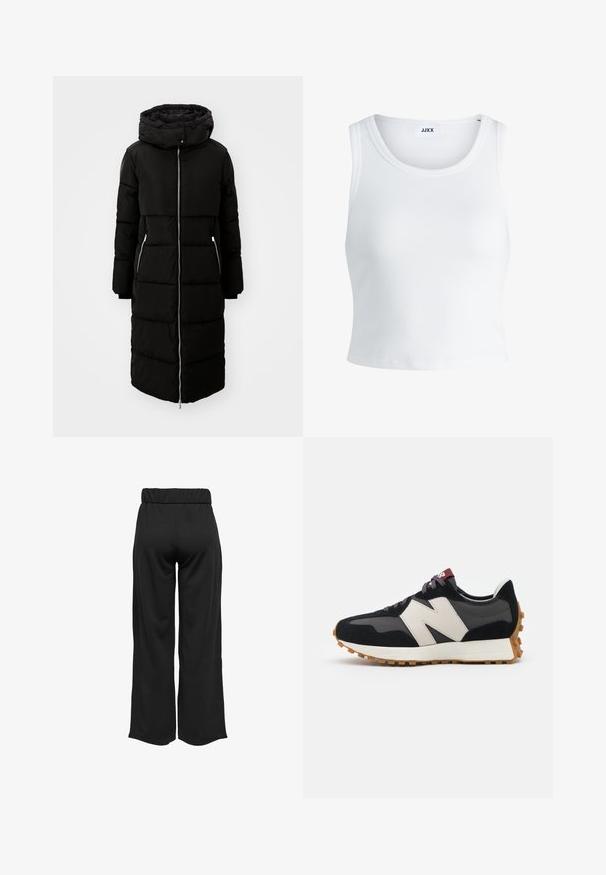 Črna napihnjena bunda s kapuco, dolžine do kolen, z zadrgo spredaj, dvema stranskima žepoma in prešito teksturo. Vključuje nastavljive vrvice za kapuco.; Bela rebrasta majica brez rokavov z okroglim izrezom in krajšo dolžino. Oznaka navaja "JJXX." Gladka tekstura tkanine.; Črne hlače širokega kroja z elastičnim pasom, izdelane iz gladkega materiala. Imajo preprost dizajn brez žepov ali vidnih šivov.; Črne in sive semiš športne copate z velikim kremnim logotipom "N", vijoličastimi vezalkami in teksturiranim gumijastim podplatom.