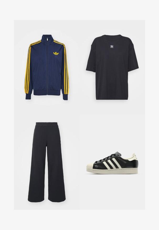 Tumši zili zamšas sporta jaka ar rāvējslēdzēju, kas izgatavota no mīksta auduma, ar dzeltenām svītrām gar piedurknēm un izšūtu logotipu uz krūtīm.; Melna kokvilnas t-kreklā ar īsām piedurknēm un apaļu kakla izgriezumu, uz krūtīm ir balta Adidas logo. Vienkāršs dizains, brīvs piegriezums.; Melni platās svārku bikses, izgatavotas no mīksta auduma, ar elastīgu jostas daļu un mazu logotipu kreisajā pusē.; Melna ādas sporta apava ar baltām svītrām, gumijas purngala aizsardzību, melnām auklām un krēma krāsas zoli. Gluda tekstūra ar spīdīgu apdari.