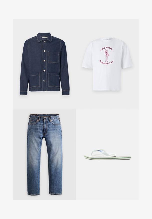 Tume sinine teksajakk, millel on kraega kaelus, kaks esikotti ja kontrastset kollast õmblust. Õmblustel on metallnööbid ja klassikaline lõige.; Valge puuvillane T-särk, millel on punane graafiline print paarist ja tekst "Fiorucci 1967 unistades sinust" ringikujuliselt paigutatuna.; Sirged denimi sinised teksad, millel on nööp ja lukk, viis taskut ning oranž õmblus heledal hallil taustal.; Valge suss ühtlase teksureeritud tallaga, õhukeste rihmadega ja mitmevärvilise aktsentjoonega tallal. Rihmal on logo.