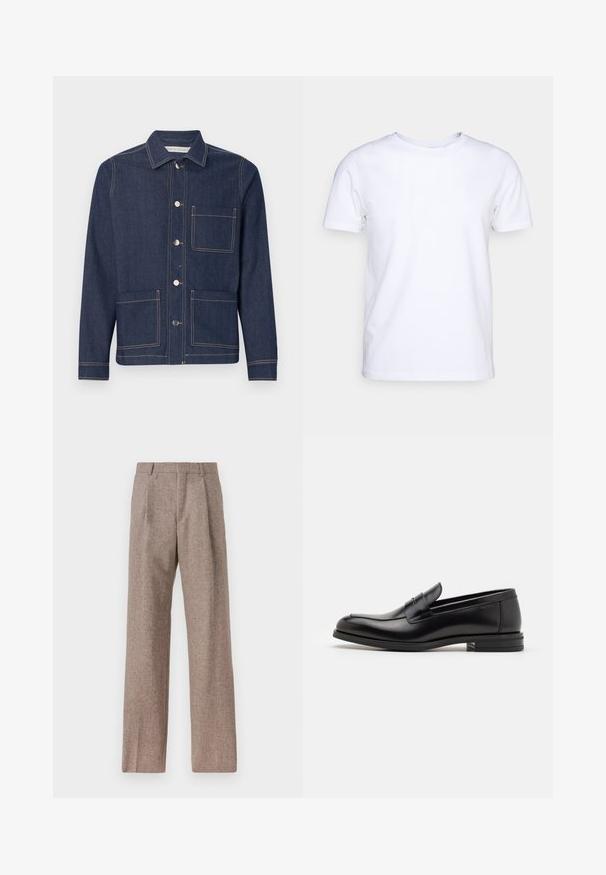 Chaqueta de mezclilla azul oscuro con cuello tipo camisa, dos bolsillos frontales y costuras amarillas en contraste. Presenta botones de metal y un corte clásico.; Camiseta blanca de manga corta en tejido de algodón con cuello redondo. Diseño simple sin patrones ni acentos. Textura suave.; Pantalones marrones de cintura alta hechos de una tela texturizada. Presentan piernas anchas y dos pliegues frontales para dar estructura. Acabado limpio sin hardware visible.; Mocasines de cuero negro con una textura suave, puntera redondeada y una tira decorativa en el empeine. Tacón bajo apilado, diseño minimalista.