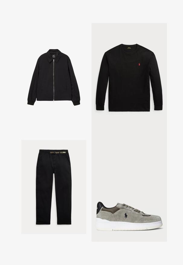Fekete könnyű dzseki hegyes gallérral, teljes elől zippzárral és elasztikus mandzsettákkal. Oldalzsebekkel és sima, matt textúrával rendelkezik.; Fekete, hosszú ujjú pamut póló. Kerek nyakkal, bordás mandzsettákkal és egy kis piros hímzett logóval rendelkezik a mellrészen. Sima tapintású.; Fekete nadrág, könnyű anyagból készült, elasztikus derékpánttal és beépített zöld övvel, egyenes lábvonallal és oldalsó zsebekkel.; Szürke zsuede sportcipő, amely texturált felső résszel, kontrasztos fekete sarokkal, fehér talppal és hímzett logóval rendelkezik. Fűzős kialakítás, hat fűzőlyukkal.
