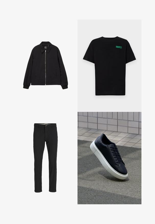 Zwarte lichte jas met ritssluiting, kraag, elastische manchetten en zijzakken. Gladde textuur met minimale details.; Zwarte T-shirt van katoen met korte mouwen. Heeft een groen "ROOTS" logo op de voorkant, een ronde halslijn en een standaard pasvorm.; Zwarte katoenen broek van een katoenmix met een slim fit, voorzien van een knoopsluiting, zakken en opgerolde mouwen voor een casual afwerking.; Zwarte leren sneaker met een ronde neus en een witte rubberen zool. Voorzien van platte veters en minimale stiksels op het bovenwerk. Textuurrijke zool voor grip.