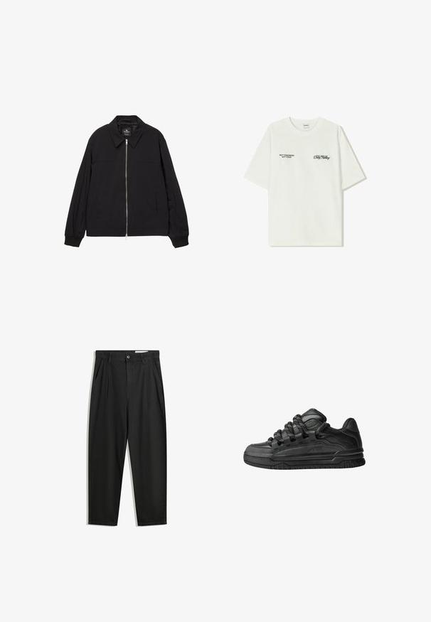 Sort letvægtsjakke med lynlås, krave, elastiske ærmer og sidelommer. Glat tekstur med minimalt detaljer.; Hvid bomulds t-shirt med korte ærmer. Forsiden har sort tekst: "IKKE I MORGEN IKKE I DAG" og "KUNSTEN AT FLYTTE DIRT" i grøn skrift.; Sorte bomuldsbukser med en afslappet pasform, der har en klassisk talje, frontfolder og sidelommer. Glat tekstur uden mønstre.; Sorte sneakers med en glat læderoverdel, teksturerede accenter og runde sorte og hvide snørebånd. Tyk gummisål med et mønstret slidbanemønster.