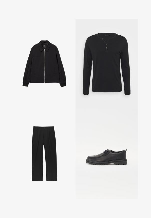 Schwarze leichte Jacke mit spitzem Kragen, durchgehendem Frontreißverschluss und elastischen Bündchen. Verfügt über Seitentaschen und eine glatte, matte Textur.; Schwarzes Langarm-Henley-Shirt aus weichem Stoff, mit knöpfbarer Leiste, rundem Ausschnitt und enganliegenden Ärmeln.; Schwarze Hose mit geradem Schnitt, aus einem glatten Stoff gefertigt. Verfügt über Vorderfalten und einen einzelnen Knopfverschluss an der Taille.; Schwarze Lederschuhe mit runder Zehenform, strukturiertem Nähen, flachem Design und Gummisohle mit tiefem Profil für bessere Bodenhaftung.