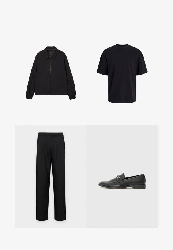 Schwarze leichte Jacke mit Reißverschluss, Kragen, elastischen Bündchen und Seitentaschen. Glatte Textur mit minimaler Detailierung.; Schwarzes Baumwoll-T-Shirt mit Rundhalsausschnitt, kurzen Ärmeln und lässiger Passform. Glatte Oberflächenstruktur und keine sichtbaren Muster oder Akzente.; Schwarze Hose aus glattem Stoff, mit geradem Bein Design, zwei vorderen Falten und einem Standardbund mit Gürtelschlaufen.; Schwarzer Lederloafer mit glatter Oberfläche, ausgestattet mit einer gesteppten Gestaltung und einem dekorativen Metallkettendetail über dem Vorderblatt. Flacher Absatz.