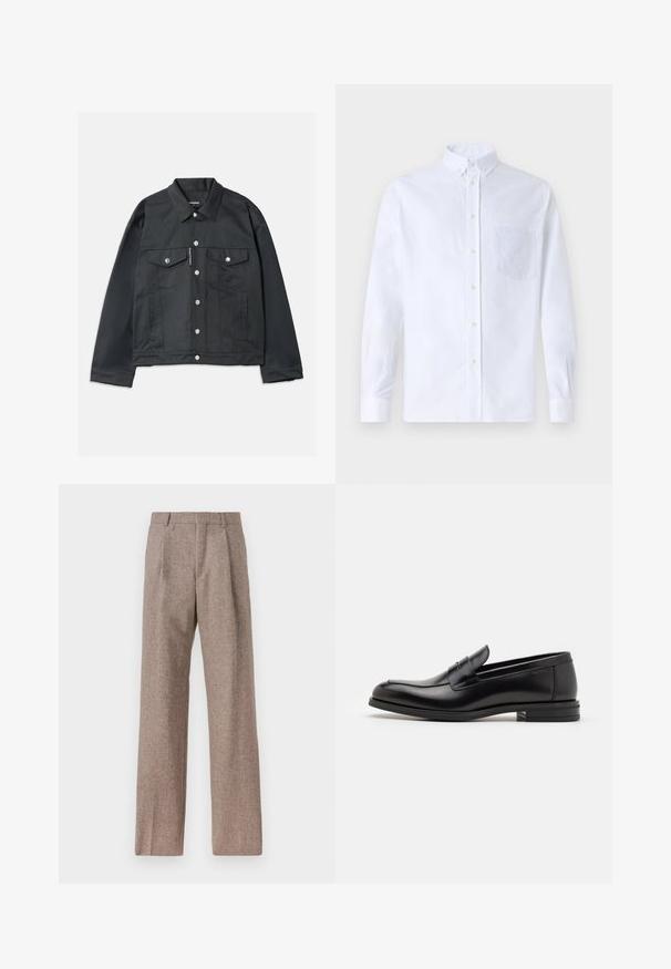 Musta farkkutakki, jossa on napitettavuus edessä, kaksi rintataskua läpillä, hopeiset yksityiskohdat ja klassinen kaulus. Sileä rakenne, lyhyt malli.; Valkoinen pitkähihaista napillista paitaa, joka on valmistettu puuvillasta. Paita sisältää rinnan kohdalla taskun, jossa on samaa sävyä oleva brodeeraus, kauluksen sekä napilliset hihansuut.; Ruskejat, korkeavyötäröiset housut, jotka on valmistettu teksturoidusta kankaasta. Ominaisuuksina ovat leveät lahkeet ja kaksi etupuolelle ommeltua laskosta rakenteen tukemiseksi. Siisti viimeistely ilman näkyvää metalliosaa.; Mustat nahkakengät, joissa on sileä pinta, pyöreä kärki ja koristeellinen nauha jalkapöydän yli. Matala pinoitu koroke, minimalistinen muotoilu.