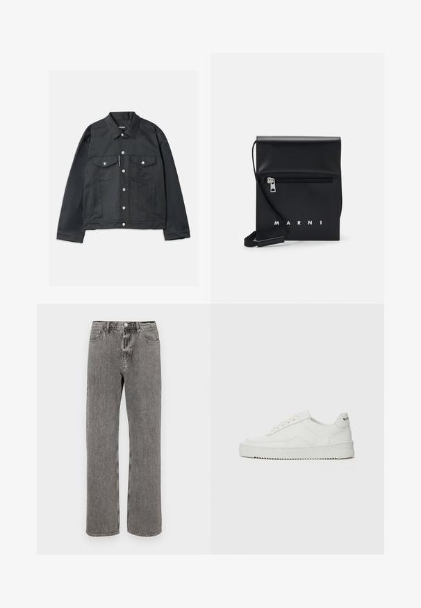 Musta farkkutakki, jossa on napitettavuus edessä, kaksi rintataskua läpillä, hopeiset yksityiskohdat ja klassinen kaulus. Sileä rakenne, lyhyt malli.; Valkoinen pitkähihaista napillista paitaa, joka on valmistettu puuvillasta. Paita sisältää rinnan kohdalla taskun, jossa on samaa sävyä oleva brodeeraus, kauluksen sekä napilliset hihansuut.; Harmaat farkut, joissa on suora lahje, viisi taskua ja nappikiinnitys vyötäröllä. Hieman kulunut tekstuuri koko pitkän matkalta.; Valkoinen nahkakenkä, jossa on sileä pinta, pyöreä kärki, tasaiset nauhat ja teksturoitu pohja. Sisältää huomaamattoman logon kantapäässä.; Musta nahkainen olkalaukku, jossa on vetoketjullinen etutasku, kohokuvioitu logo ja säädettävä hihna. Sujuva tekstuuri ja jämäkkä muoto.