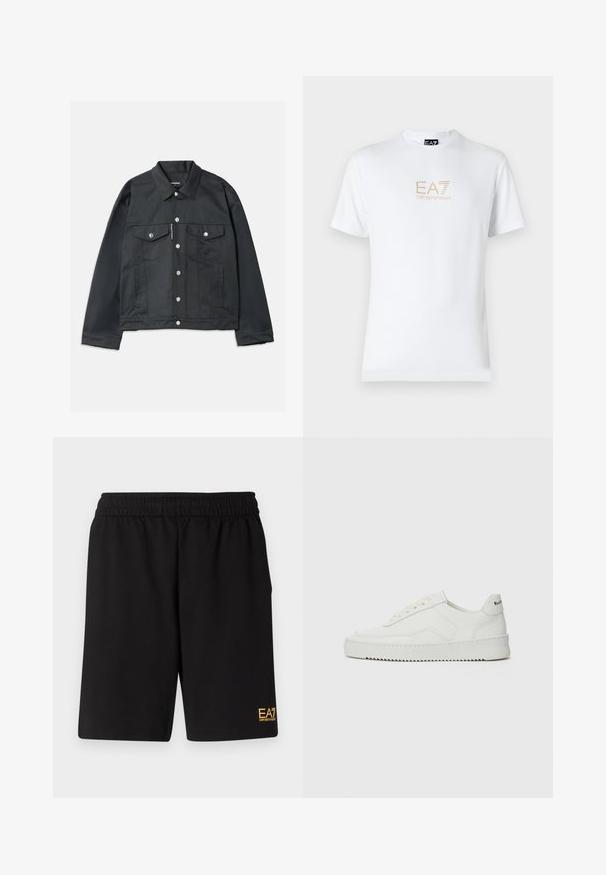 Svart denimjacka med knäppning fram, två bröstfickor med lock, silverdetaljer och klassisk krage. Slät textur, kort passform.; Vit bomull t-shirt med rund halsringning och korta ärmar, med en guld EA7 Emporio Armani-logotyp tryckt på framsidan.; Svarta träningsshorts i mjukt tyg, med ett elastiskt midjeband och en liten gul EA7-logotyp på nedre vänstra benet.; Vita lädersneakers med en jämn yta, rund tå, platta snörningar och en strukturerad sula. Har en diskret logotyp på hälen.