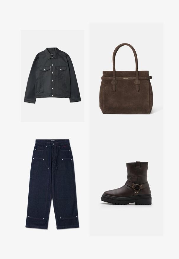 Sort denimjakke med knaplukning fortil, to brystlommer med klapper, sølvfarvet hardware og klassisk krave. Glat tekstur, kort model.; Hvid bomulds ærmeløs tanktop med rund halsudskæring, der har en glat tekstur og en tætsiddende pasform, designet til casual brug.; Mørk denim bredbukser med to frontlommer, sølvhardware-detaljer og kontrasterende rød syning. Har knaplukning og brandlogo.; Brun læder ankelstøvle med firkantet tå, spændeaccenter og en tyk sort sål. Har en sidelukning med lynlås og tekstureret overflade.; Mørkebrune suede tote-tasker med to håndtag og et vandret bånd med en lille gul DSQUARED2 logo-plakette.