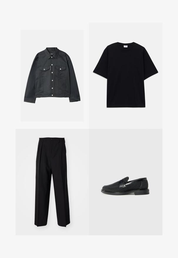 Veste en denim noir avec une fermeture à boutons sur le devant, deux poches poitrine avec rabat, quincaillerie argentée et col classique. Texture lisse, coupe courte.; T-shirt noir à manches courtes oversize avec un col rond et une étiquette de marque Filippa K visible à l'intérieur du col.; Pantalons plissés noirs avec un design droit et large. Fabriqués en tissu lisse, avec une fermeture à bouton et des passants de ceinture.; Chaussure slip-on tissée noire avec un accent en cuir lisse sur le dessus, un design à bout rond et une semelle en caoutchouc à profil bas.