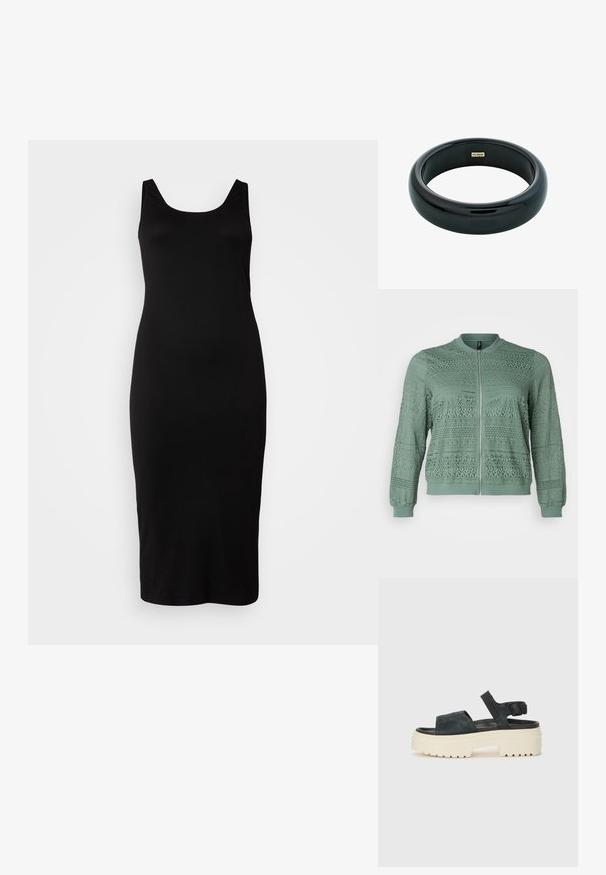 Vero Moda Curve VMCHONEY JACKET - Bomberjacke - laurel wreath; Schwarzes ärmelloses Kleid mit Rundhalsausschnitt, figurbetontem Schnitt, knielang, aus glattem Stoff, ohne sichtbare Muster oder Verzierungen.; Schwarze Wildleder-Plateausandalen mit einer klobigen weißen Sohle, breitem Vorderriemen und verstellbarem Knöchelriemen. Strukturierte Laufsohle für besseren Halt.; Gelbe Kunstleder-Handtasche im Krokodil-Look mit strukturiertem Design, Obergriff, abnehmbarem Kettenriemen und dekorativer Kristallverzierung am Verschluss.; Schwarzes Harzarmband mit einer glatten, glänzenden Oberfläche und abgerundeten Kanten. Verfügt über ein kleines goldfarbenes "Pilgrim"-Logo im Inneren.