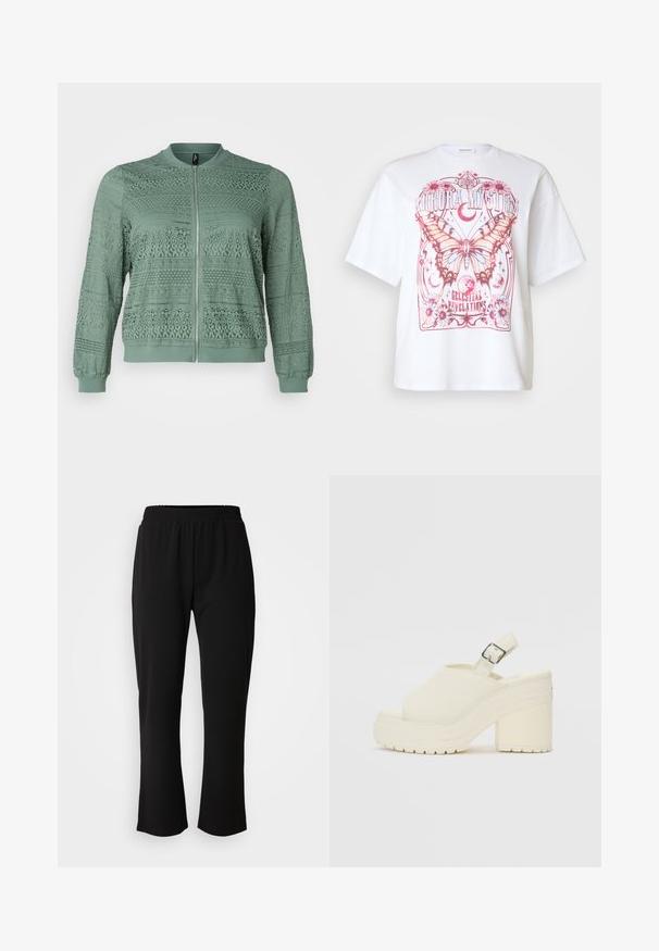 Vero Moda Curve VMCHONEY JACKET - Blouson Bomber - laurel wreath; T-shirt blanc surdimensionné avec un graphique de papillon rose, des accents floraux, et le texte "Aurora Mystic Celestial Revelations."; ONLY Carmakoma CARLAMA STRAIGHT - Pantalon classique - black; Bottines blanches à plateforme avec un bout ouvert et une bride à l'arrière. Fabriquées en matériau texturé, elles disposent d'une semelle épaisse avec des motifs de traction.