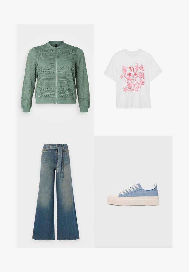Vero Moda Curve VMCHONEY JACKET - Bomber Jacket - laurel wreath; White cotton t-shirt featuring a pink illustration of a cat and stars, with the text "Cute Cats Club" below the design.; Wide-leg denim trousers featuring a light to dark blue gradient, high waist, belt loops, and a matching fabric belt. Textured denim finish.; Light blue canvas sneakers with a cream rubber toe cap and outsole, featuring white laces and a pull tab on the heel.