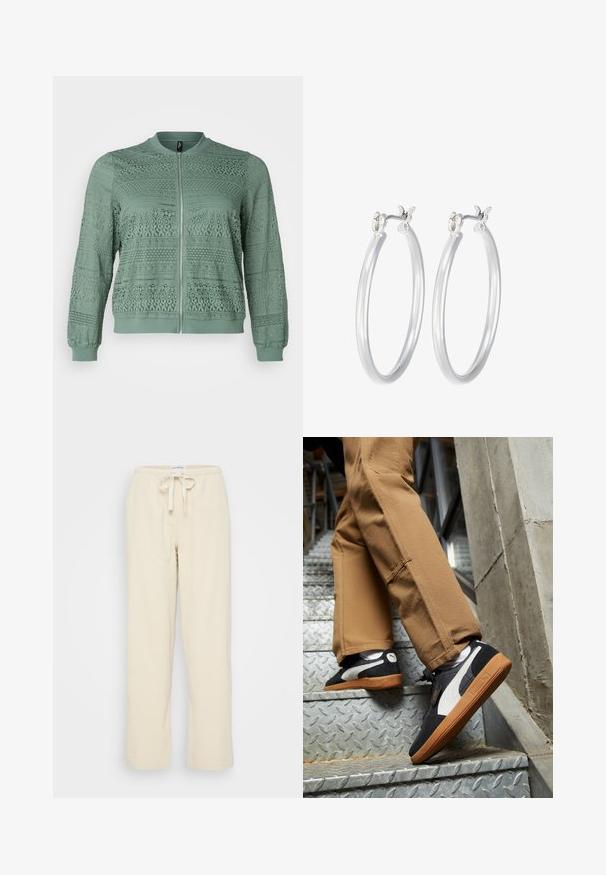 Vero Moda Curve VMCHONEY JACKET - Chaquetas bomber - laurel wreath; Even&Odd Petite 2 PACK - Top - light grey/black; Even&Odd Petite Pantalones - beige; Zapatillas de ante negras y grises con detalles blancos y suelas de goma, llevadas con pantalones beige mientras se suben escaleras de metal.; Pendientes de aro de plata con un acabado liso y pulido. Forma redonda y cierre de click seguro. Diseño ligero adecuado para el uso diario.
