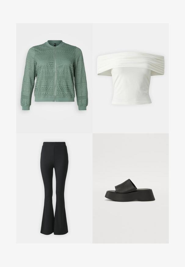 Vero Moda Curve VMCHONEY JACKET - Bomber stiliaus striukė - laurel wreath; Balnko petnešos viršus su klostėta, struktūrine iškirpte ir prigludusia liemene. Pagamintas iš minkštos medžiagos su lygiu paviršiumi.; Juoda platės kelnės, pagamintos iš tamprios medžiagos. Turi aukštą juosmenį ir glotnią, prisitaikančią struktūrą, kuri išsiplėtė nuo kelio žemyn.; Juodos platforminės šlepetės su plačiu dirželiu ir masyviu padu. Pagamintos iš lygios medžiagos su matinio paviršiaus apdaila ir be matomų detalių.