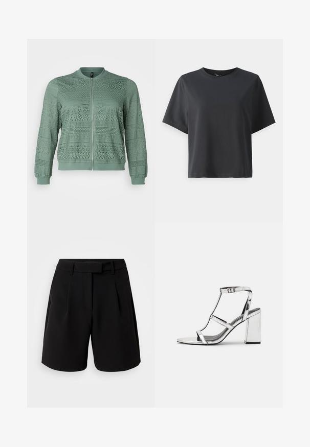 Vero Moda Curve VMCHONEY JACKET - Blouson Bomber - laurel wreath; T-shirt en coton noir, à manches courtes, col ras du cou, coupe décontractée, texture lisse, design simple, sans motifs ni accents.; Shorts noirs ajustés, en tissu lisse, avec une taille haute, des plis, des passants de ceinture et des poches latérales, au design épuré.; Sandale à talons métalliques argentés avec un design à T, boucle réglable à la cheville et talon carré, présentant une surface lisse et réfléchissante.