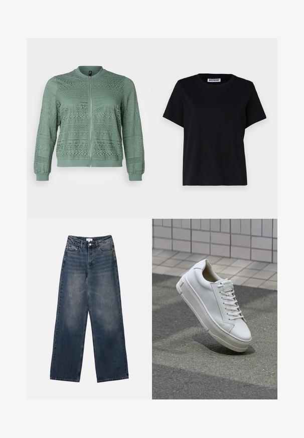 Vero Moda Curve VMCHONEY JACKET - Blouson Bomber - laurel wreath; T-shirt noir à manches courtes en coton. Présente un col rond et une coupe décontractée. L'étiquette indique « WEEKDAY » au niveau du col.; Jeans en denim bleu taille haute pour hommes, avec jambes larges, bouton et fermeture éclair à l'avant, ainsi que poches avant et arrière.; Baskets blanches en cuir avec un design bas, lacets plats, bout arrondi et côtés texturés. Semelle en caoutchouc épaisse avec des accents subtils.