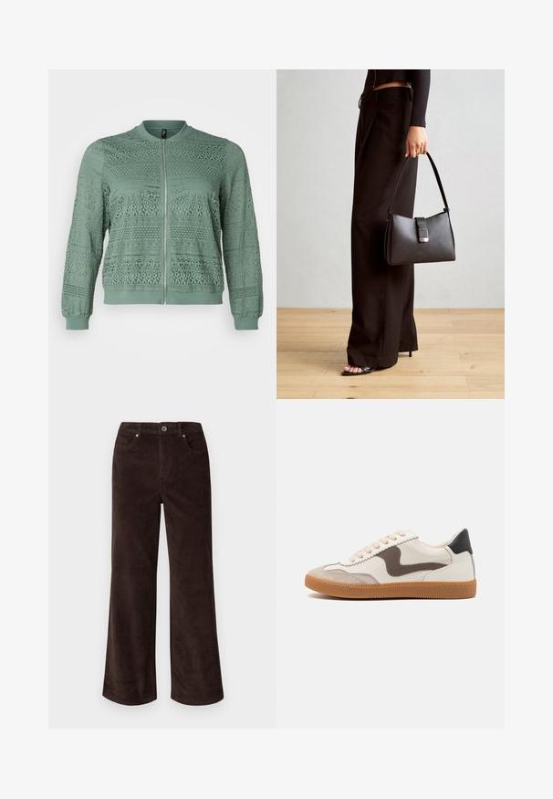 Vero Moda Curve VMCHONEY JACKET - Blouson Bomber - laurel wreath; Haut noir à manches courtes fabriqué en matériau lisse, avec un design peplum et une taille ceinturée ornée de deux boutons ronds en métal argenté.; Vero Moda Petite VMTESSA PANTS - Pantalon classique - chocolate torte; Baskets avec une tige en cuir crème, un accent en suède marron foncé, des lacets beiges et une semelle en caoutchouc beige ; design classique à profil bas.; Sac à main noir à la forme structurée, texture lisse et fermoir métallique. Associé à un pantalon noir ample et des sandales ouvertes sur un sol en bois.