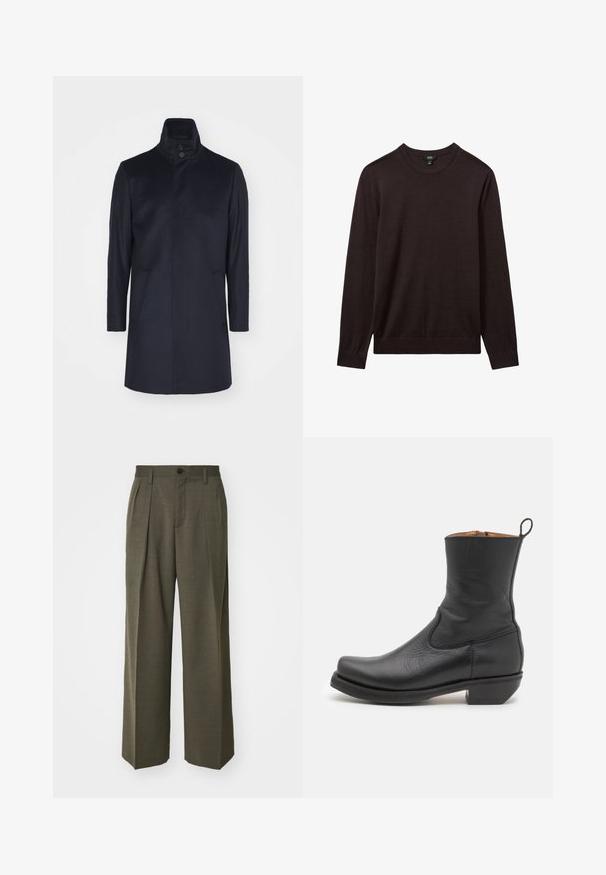 Námořnický vlněný kabát s vysokým límcem, dvojitým zapínáním na knoflíky, dvěma bočními kapsami, přiléhavým střihem a hladkou texturou.; Reiss Svetr - dark bordeaux; Filippa K WIDE TROUSERS - Kalhoty - driftwood; Černá kožená kotníková bota s hladkým povrchem, štíhlým profilem, bočním prošíváním a nízkým čtvercovým podpatkem. Obsahuje poutko na zadní straně.