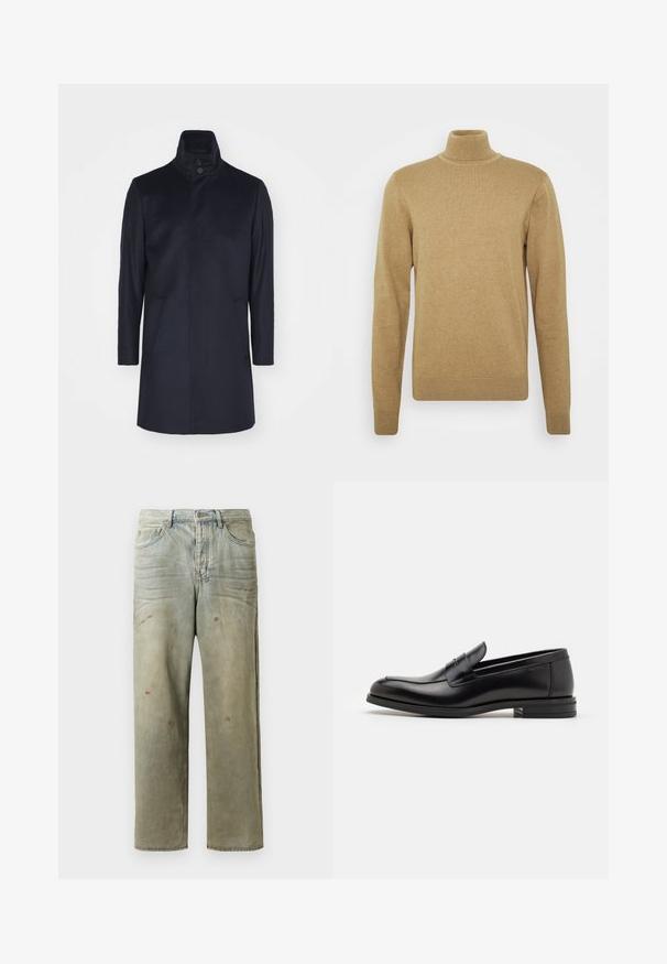 Jūras flotes vilnas mētelis ar augstu apkakli, diviem pogu aizvērumiem, divām sānu kabatām, piegriezumu, kas labi pieguļ, un gludu tekstūru.; Bēšas krāsas turtlenecka džemperis, izgatavots no mīksta adīta auduma. Tam ir garas piedurknes un pieguļošs dizains. Ribota apakšmala un apkakle piesaista uzmanību.; Izsistās džinsās gaisā zaļā krāsā, ar taisnu kāju, piecu kabatu dizainu un nevienmērīgu izbalēšanu, kā arī krāsas šļakatas.; Melnas ādas kurpes ar gludu tekstūru, noapaļu purngalu un dekoratīvu siksniņu pāri priekšpusei. Zems sakrauts papēdis, minimālisma dizains.