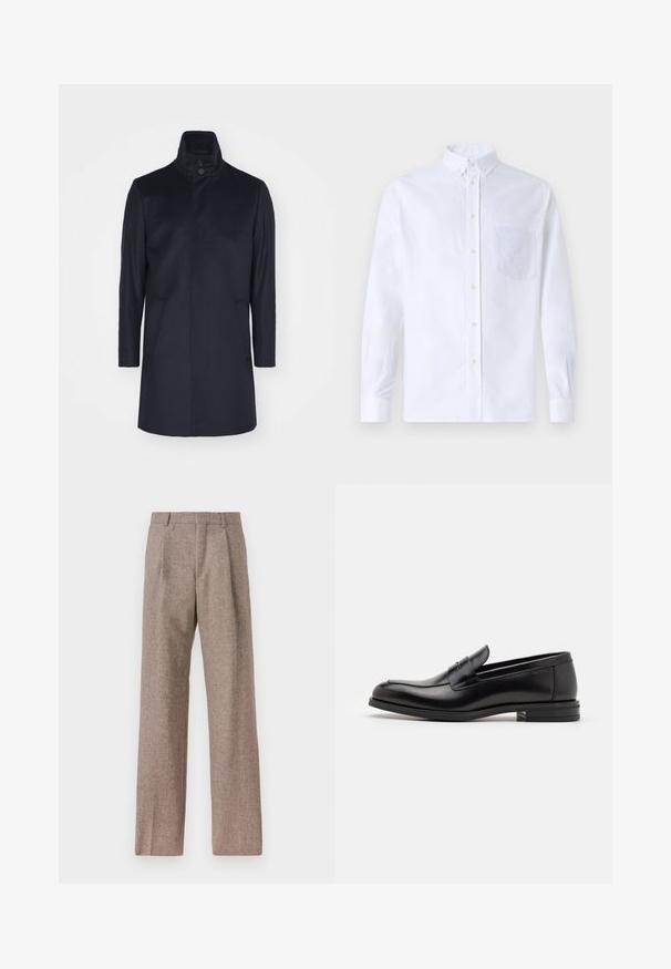 Manteau en laine navy avec un col haut, fermeture à double bouton, deux poches latérales, coupe ajustée et texture lisse.; Chemise blanche à manches longues avec boutons en coton, présentant une poche poitrine avec broderie ton sur ton, un col et des poignets boutonnés.; Pantalons marron taille haute en tissu texturé. Présente des jambes larges et deux plis avant pour la structure. Finition soignée sans matériel visible.; Mocassins en cuir noir avec une texture lisse, bout rond et une sangle décorative sur le dessus. Talon bas empilé, design minimaliste.