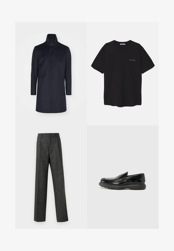 Palton din lână bleumarin cu guler înalt, închidere cu două butoane, două buzunare laterale, croi ajustat și textură netedă.; Tricou din bumbac negru, cu guler rotund, mâneci scurte și un imprimeu alb cu logo pe partea stângă a pieptului. Design simplu, de culoare uniformă.; Pantaloni gri ajustați din țesătură texturată, prezentând două pliere frontale și un design drept. Fără buzunare vizibile sau ornamente.; Mocasin din piele neagră cu o finisare lucioasă, vârf rotunjit, detalii de cusătură subtile și o talpă groasă din cauciuc pentru durabilitate.