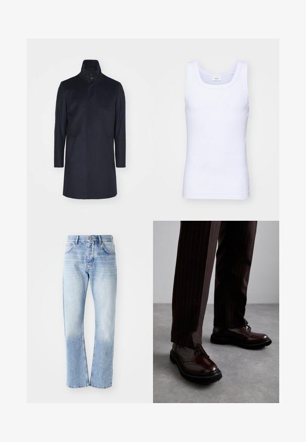 Palton din lână bleumarin cu guler înalt, închidere cu două butoane, două buzunare laterale, croi ajustat și textură netedă.; Top din bumbac alb fără mâneci, cu un decolteu rotund, având o textură netedă și o formă ajustată, conceput pentru purtarea casual.; Jeans din denim de culoare bleu deschis, cu croială dreaptă. Prezintă un design cu cinci buzunare, fermoar cu nasturi și o textură estompată spre partea de jos.; Pantofi din piele maro, cu șiret, având un finisaj lucios, talpă din cauciuc negru și o cusătură subtilă. Purtați cu pantaloni maro cu dungi.