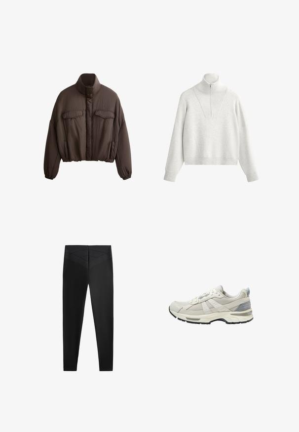 Brown cropped jacket with high collar, textured fabric, two front pockets, and elastic cuffs for a snug fit. Clean design with minimal accents.; Light gray sweatshirt with a high collar, featuring a half-zip and ribbed texture. Boxy shape with drop shoulders and a structured design.; Black athletic leggings with a smooth texture, featuring a wide waistband and diagonal texture pattern near the waist for added design detail.; Beige athletic shoe with textured mesh upper and smooth accents. Features a cushioned sole, reinforced toe, and black rubber outsole.