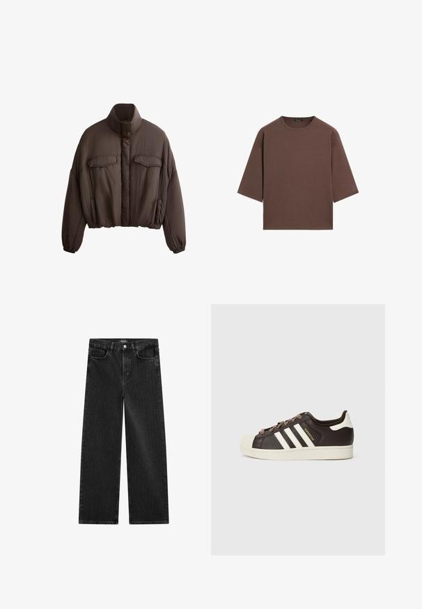 Brązowa krótka kurtka z wysokim kołnierzem, teksturowany materiał, dwie przednie kieszenie i elastyczne mankiety dla dopasowanego kroju. Czysty design z minimalnymi akcentami.; Brązowy, krótki t-shirt z okrągłym dekoltem, krótkimi rękawami i miękką fakturą. Zaprojektowany w luźnym kroju z minimalnymi detalami.; Szerokie czarne dżinsy z subtelnym wzorem w pionowe paski, z pięcioma kieszeniami oraz klasycznym zapięciem na guzik w talii.; Niskie trampki Adidas Superstar z ciemnobrązowej skóry z kremowym noskiem w kształcie skorupy, białymi paskami i napisem „Superstar” po boku.