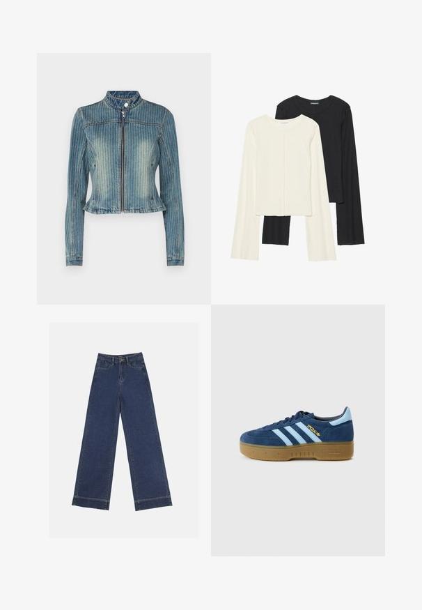 The Ragged Priest RIPLEY JACKET - Denim jacket - dirty denim; Set of two long-sleeve tops in white and black. Ribbed texture, round neck, fitted design with slightly flared sleeves.; Wide-leg jeans in dark blue denim. Features five pockets, belt loops, and a raw hem at the bottom with visible stitching details.; Navy suede sneaker featuring light blue stripes, round toe, and gum rubber sole. Gold "Spezial" logo on side, classic Adidas design.