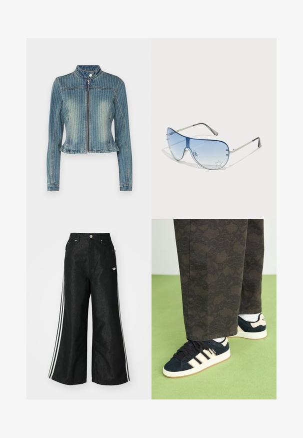 The Ragged Priest RIPLEY JACKET - Jeansjakke - dirty denim; Hvit bomulls T-skjorte med korte ermer, med et fargerikt frukt- og bladdesign i midten. Tekst sier "Carhartt WIP Cream of the crop."; Sorte vide benbukser med tre hvite striper på hver side og en liten hvit logo. Har frontlommer og knappelukking.; Sorte og mønstrede bukser kombinert med marineblå suedesko med kremfargede striper og hvite såler. Overflatene som vises er teksturerte og flate.; Pilotbriller med gradient blå linse, sølvfarget metallramme og dekorative stjerneaksenter på linsen. Glatt og stilren design.