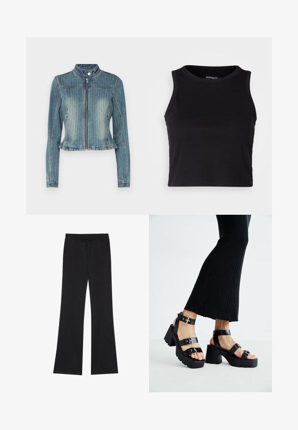 The Ragged Priest RIPLEY JACKET - Τζιν μπουφάν - dirty denim; Μαύρο ριγέ κοντό τοπ με στρογγυλή λαιμόκοψη και χωρίς μανίκια. Κατασκευασμένο από μαλακό, ελαστικό ύφασμα, με καθαρές, ραμμένες άκρες.; Even&Odd Παντελόνι φόρμας - black; Μαύρες πλατφόρμες σανδάλια με χοντρές, λαστιχένιες σόλες και πολλές λωρίδες, με μεταλλικές αγκράφες και λεία υφή που μοιάζει με δέρμα.