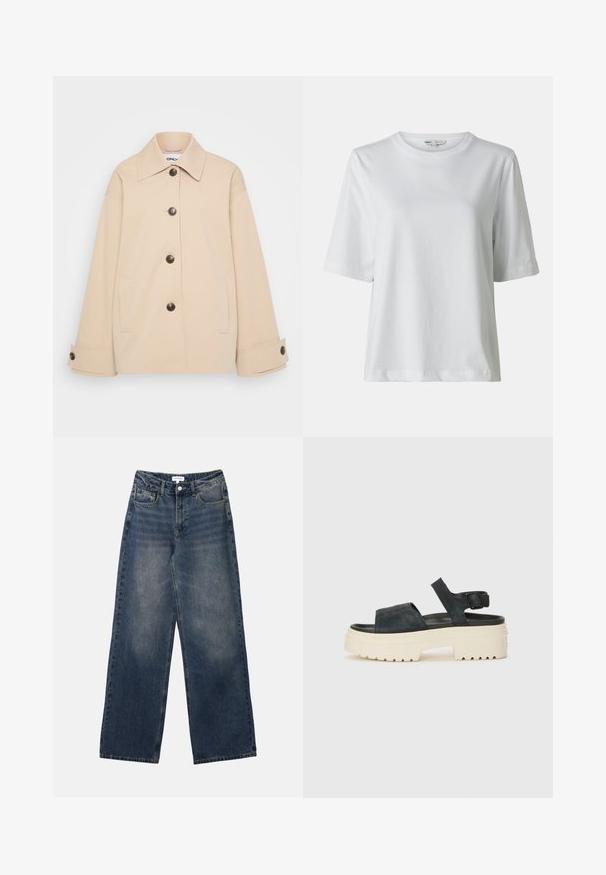 Jachetă dintr-un amestec de bumbac bej, cu un guler clasic, închidere cu nasturi în față, două buzunare laterale și manșete cu nasturi. Design cu o croială lejeră.; Tricou alb cu maneci scurte și guler rotund. Fabricat din material moale, cu un croi lejer și detalii subtile de cusătură.; Jeans pentru bărbați, din denim albastru, cu talie înaltă, picioare largi, cu nasture și fermoar în față, precum și buzunare în față și în spate.; Sandale cu platformă din suede negru, cu talpă albă voluminoasă, curea frontală lată și baretă reglabilă pentru glezna. Talpă texturată pentru aderență.