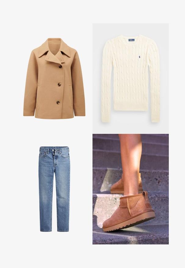 Kabát z camelové vlny s rozšířeným límcem, dvouřadým zapínáním a dvěma bočními kapsami. Obsahuje hnědé knoflíky a hladkou texturu.; Krémový svetr s pleteným vzorem, dlouhými rukávy, žebrovanými manžetami a lemem, se malým vyšívaným logem na levé hrudi.; Světle modré džíny s rovný střih, designem s pěti kapsami a knoflíkovým zapínáním. Mají jemné vyblednutí a oranžové prošití.; Světlé semišové kotníkové boty s měkkou strukturou, prošívanými detaily a gumovou podrážkou, s okrouhlým podpatkem pro snadné obouvání.