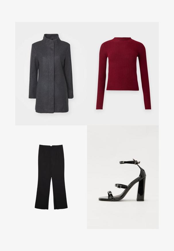 Charcoal grå uldfrakke med høj krave, lange ærmer og lige snit. Har et rent, minimalistisk design uden synlige lukninger.; Langærmet, ribstrikket sweater i dyb rød med en høj halslinje og tætsiddende silhuet mod en ensfarvet baggrund.; Sorte bukser med lige pasform, der har frontlommer og slidser i kanten. Lavet af blødt, glat stof. Velegnet til forskellige anledninger.; Sorte patenterede hælsandaler med firkantet tå, ankelremme og sølvspænder. Har en chunky blokHæl for stabilitet.