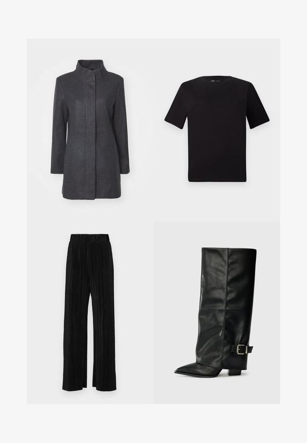 Kaput sivo-crnog vune s visokim ovratnikom, dugim rukavima i ravnim krojem. Ima čist, minimalistički dizajn bez vidljivih kopčanja.; Crna majica kratkih rukava s okruglim izrezom, izrađena od mekane pamučne tkanine. Jednostavan dizajn, bez vidljivih logotipa ili uzoraka.; Crne plisirane hlače s elastičnim pojasom. Imaju široke nogavice i glatku, teksturiranu tkaninu s vertikalnim prugama.; Crne kožne čizme do gležnja sa šiljastim vrhom, glatkom teksturom i srebrnim kopčanjem sa strane. Debela kvadratna peta.