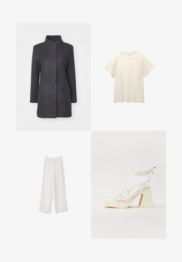 Charcoal grå uldfrakke med høj krave, lange ærmer og lige snit. Har et rent, minimalistisk design uden synlige lukninger.; Lys beige kortærmet t-shirt med rund halsudskæring, lavet af blødt, glat stof. Har en afslappet pasform og lige forneden.; Hvide bukser med bred benlængde lavet af et letvægtsstof. Har et elastisk talje med snor og sidelommer. Glat tekstur.; Hvide højhælede sandaler med en kraftig hæl, der har et stropdesign og ankelbinding. Glat tekstur med en platform foran for ekstra højde.