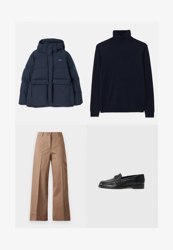 Tumedat sinine tikkjakrooni jope kapuutsiga, millel on kaks esivatud taskut, tõmblukk ja tekstureeritud õmblusosad. Kerge disain.; Tumesinine kõrge kaelusega sviiter, millel on pikad varrukad ja mis on valmistatud pehmest kudumist. Omab soonikserva kaelas ja varrukates, lihtsa disaini ja ilma mustriteta.; Pruunid lai jalgadega püksid, mis on valmistatud siledast kangast, esise nööbiga kinnitusega, kahte esist taskut ja puhtaid, vormitud jooni.; Mustad mustad nahast loafersid siledast pealsest, kerge embosseeritud joontega mustriga ja dekoratiivse sukkpüksiga vampi osas. Madal, plokk-kand.