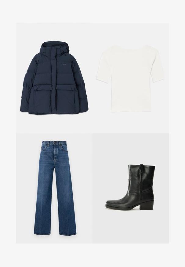 Casaco tipo puffer azul marinho com capuz, apresentando dois bolsos frontais, fecho com zip e secções acolchoadas texturizadas. Design leve.; Top branco de malha com mangas curtas e decote largo. A textura apresenta riscas verticais, realçando um ajuste justo e um design simples.; Jeans azuis de perna larga feitos de denim, com uma cintura alta, bolsos frontais e costura em contraste. O tecido tem uma textura suave.; Bota de tornozelo em couro preto com bico arredondado, salto bloco, fecho lateral e detalhes em costura na parte frontal. Textura suave, design clássico.