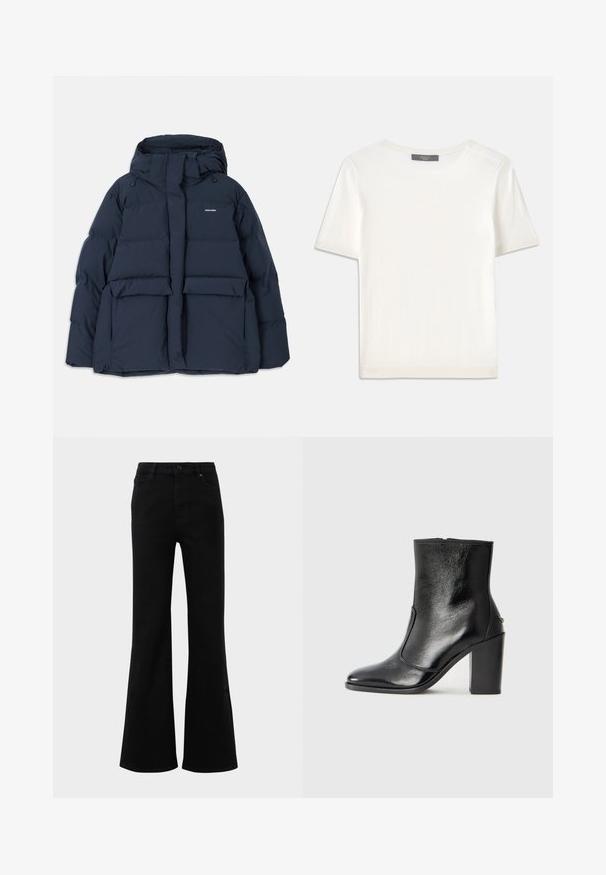 Navy blue puffer jacket with a hood, featuring two front pockets, a zippered closure, and textured quilted sections. Lightweight design.; White short-sleeve knit top with a round neckline, featuring a smooth texture and subtle ribbed accents at sleeves and hem.; Black flared jeans with a high waist, made from denim. Features structured pockets and a button fastening at the front. Smooth texture.; Black leather ankle boot with a smooth texture, pointed toe, and a chunky high heel. Features a side opening and minimalistic design.